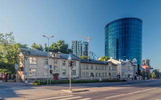 Large building blue glass tower - ultra wide angle free wallpaper