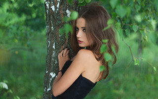 Woman black dress forest elina - leaning free wallpaper