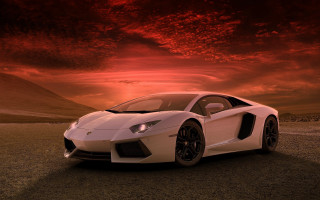 White sports car red sky - a white sports car free wallpaper