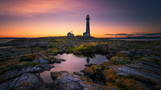 Lighthouse rocky shore sunset pond 2 - a rocky shore free wallpaper for desktop