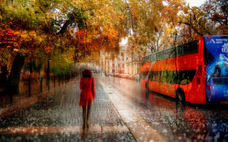 Woman red dress umbrella rain - double free wallpaper
