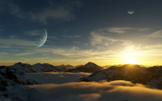 Sunset mountains planet sky clouds - a sunset over a mountain range free wallpaper