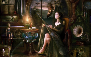 Gothic fantasy illustration two girls - the table free wallpaper