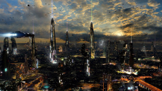 Futuristic city night birds skyline - a futuristic city free wallpaper