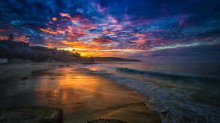 Sunset beach wave building hill - colorful cloud free wallpaper
