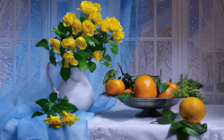 Vase flowers oranges table blue - oil painting free wallpaper