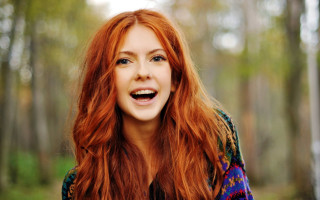 Woman red hair smiling forest 2 - fauvism free wallpaper