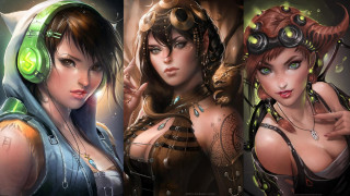 Fantasy cyberpunk women headphones goggles - one woman free wallpaper