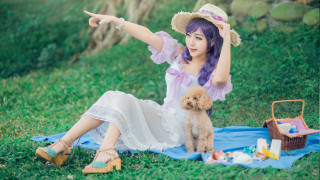 Woman hat dress dog pointing - cosplay free wallpaper