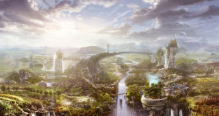 Fantasy waterfall lush fields floating - matte fantasy painting free wallpaper for desktop