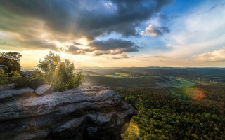 Sunset valley forest mountain lake - a high point of view free wallpaper