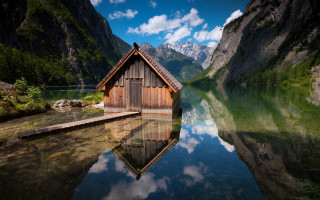 Small wooden cabin lake mountains 2 - hillside free wallpaper