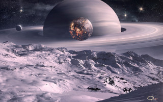 Planet rings mountains stars space - a picture of a planet free wallpaper