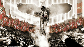 Man suit hat stage bird - dystopian art free wallpaper