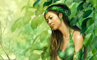 Woman green dress leafy headband - digital painting free wallpaper
