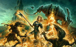 Woman dragon demon fire sword - a dragon and a demon free wallpaper