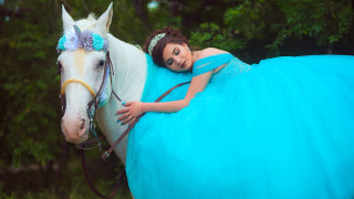 Woman blue dress horse magical - a horse free wallpaper