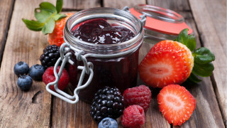 Jar jam berries strawberries wooden 2 - berry free wallpaper