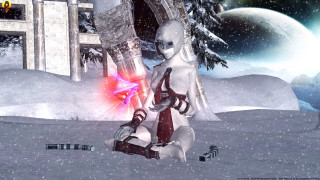 Sci fi robot snow star - his hand and a building in the background free wallpaper