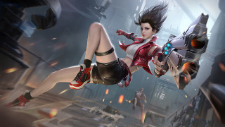 Futuristic city woman gun red - a futuristic city in the background free wallpaper