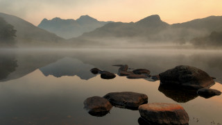 Lake rocks mountains fog sunset 2 - fog in the air free wallpaper
