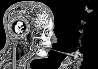 Skeleton smoking clock butterfly drawing - line drawing free wallpaper for desktop