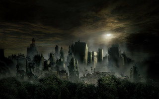 Gothic city moon fog forest - a full moon in the sky above free wallpaper