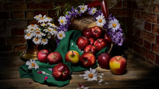 Basket apples daisies still life - christopher williams free wallpaper for desktop
