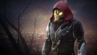 Red hoodie man forest night - tree and buildings free wallpaper