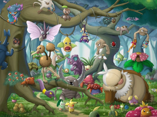 Cartoon animals forest tree mushrooms - the branch free wallpaper