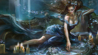 Woman blue dress candles mirror - fantasy artwork free wallpaper