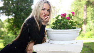 Woman pottedplant pinkflower portrait ecological - a white table free wallpaper
