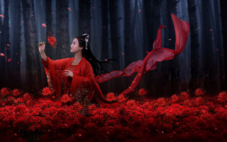 Woman red dress flower forest - chen chun free wallpaper for desktop