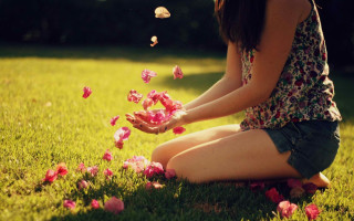Woman kneeling pink flowers butterfly - her hand and a butterfly free wallpaper
