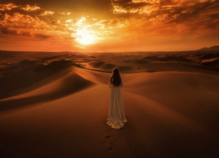 Woman white dress desert sunset 2 - above her free wallpaper