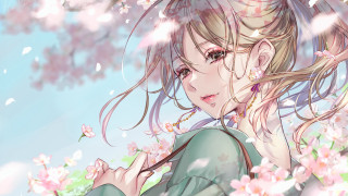 Woman pink flower anime yanami - under a tree free wallpaper