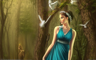 Woman blue dress forest birds - a man in the background free wallpaper
