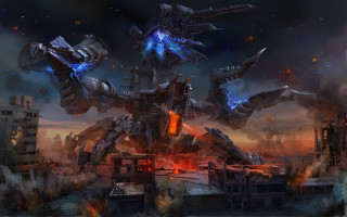 Futuristic city giant robot destruction - a fire free wallpaper for desktop