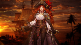 Pirate woman sunset ship embers - a sunset free wallpaper