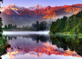Lake mountains foggy sky ducks - a few duck free wallpaper