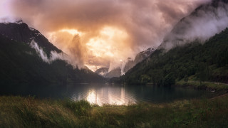 Lake mountains cloudy sky road - mountain under a cloudy sky free wallpaper
