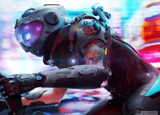 Futuristic man cyberpunk suit gun - cyberpunk style free wallpaper for desktop