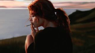 Woman smoking sunset water portrait - a cigarette in front free wallpaper