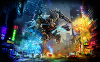 Futuristic city giant robot neon - the building free wallpaper