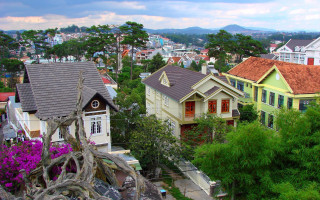 Neighborhood mountains trees urban architecture - zenith view free wallpaper