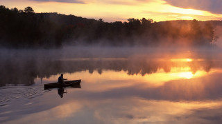 Canoe lake sunset mist trees 2 - a lake free wallpaper for desktop