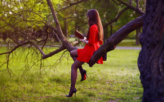 Woman red dress reading in - anna hotchkis free wallpaper for desktop