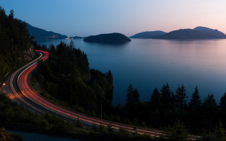 Highway lake night mountain forest - a long exposure free wallpaper