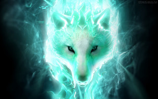 Glowing green wolf blue eyes - artistic free wallpaper