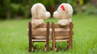 Romantic teddy bears wooden chair - two teddy free wallpaper